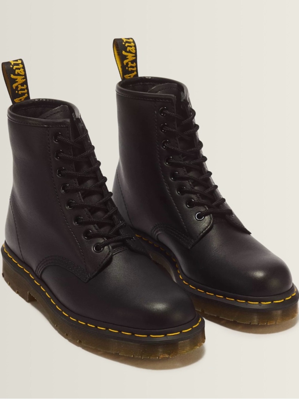 Dr. Martens Black Leather Lace-Up Combat Boots with Yellow Stitching